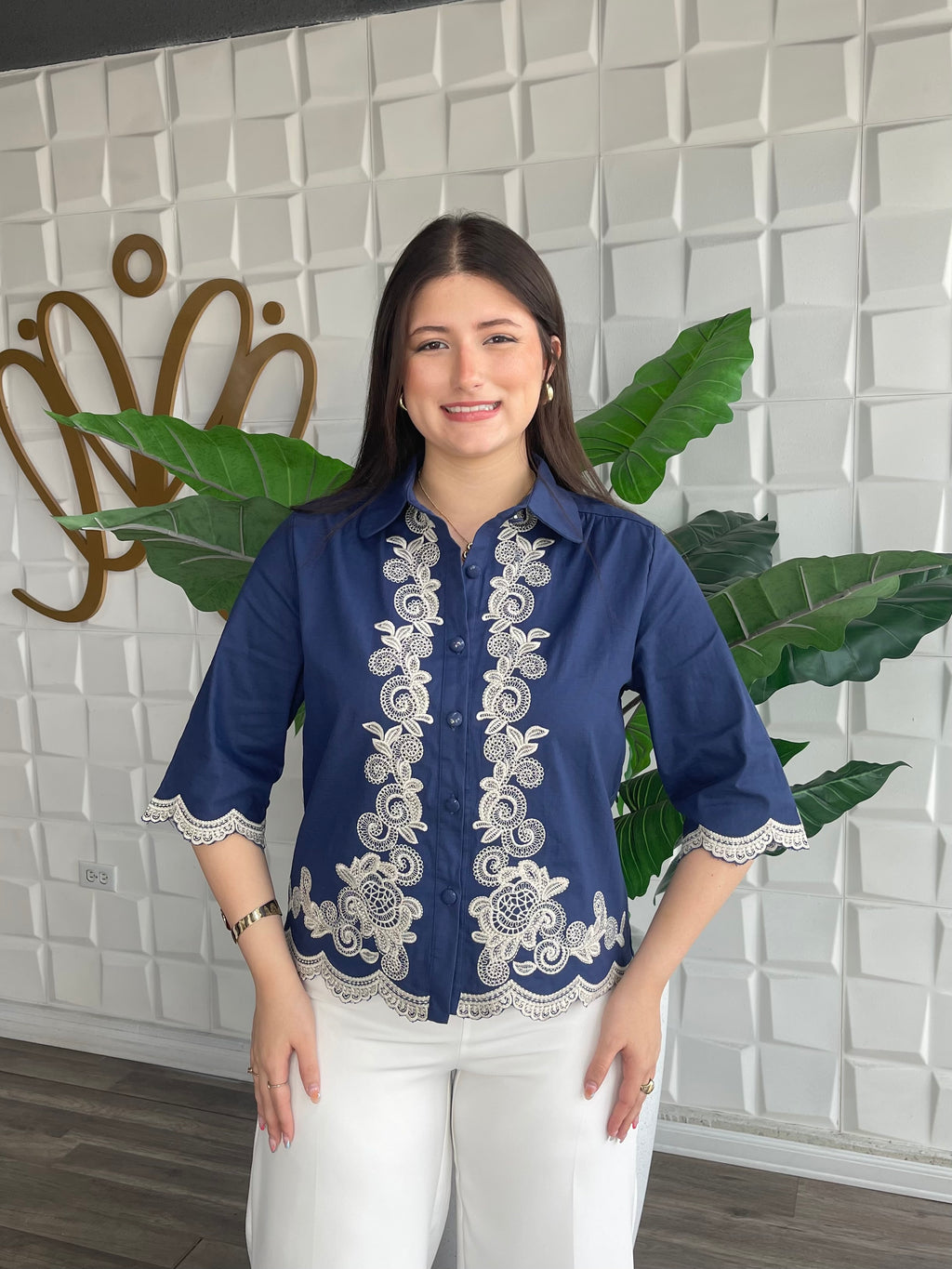 Navy Embroidery Top