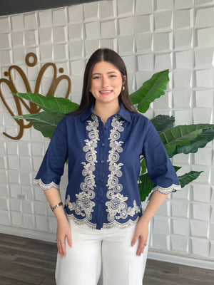 Navy Embroidery Top